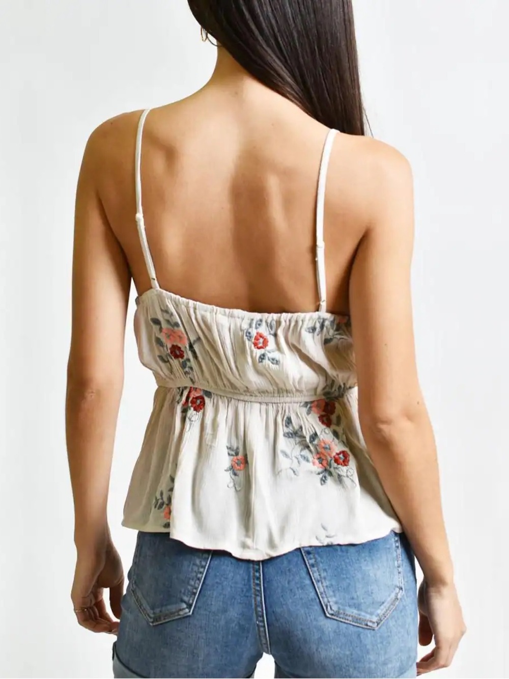 NWOT Francesca’s Embroidered Cream & Pink Floral V-Neck Peplum Camisole Cottage - Picture 2 of 9